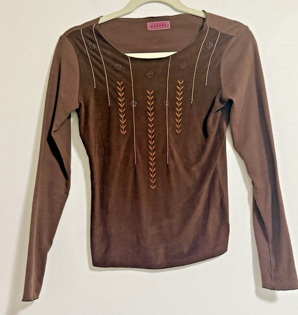 VELVET by Graham & Spencer Brown Beaded Suede Long Sleeve Tee SMALL